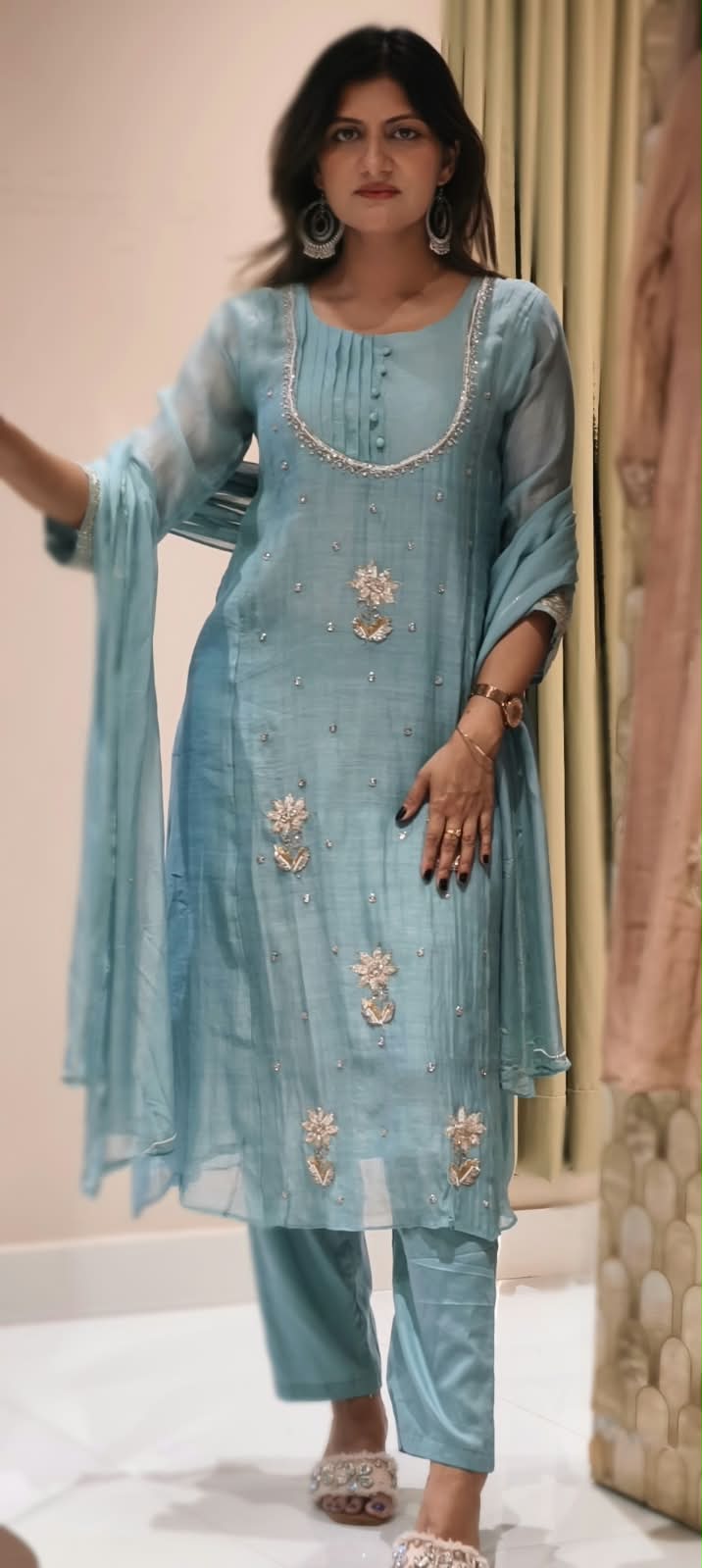 English Color Palette Suttle Work Beautiful A-Line Mul-Chanderi Full Suit Set With Dupatta-16220