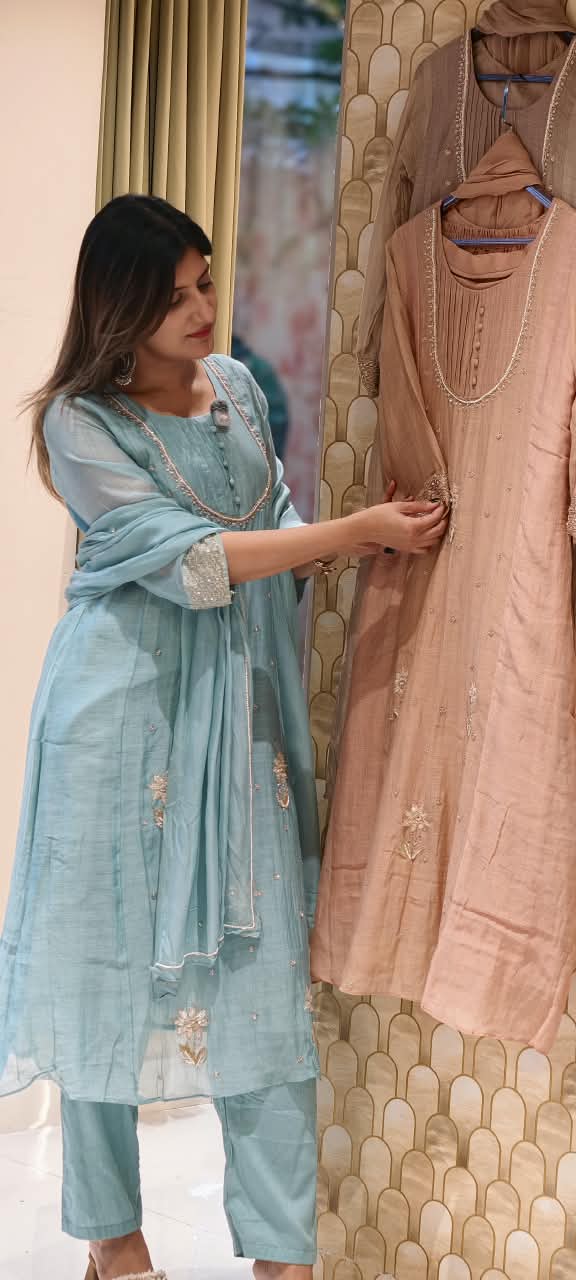 English Color Palette Suttle Work Beautiful A-Line Mul-Chanderi Full Suit Set With Dupatta-16220