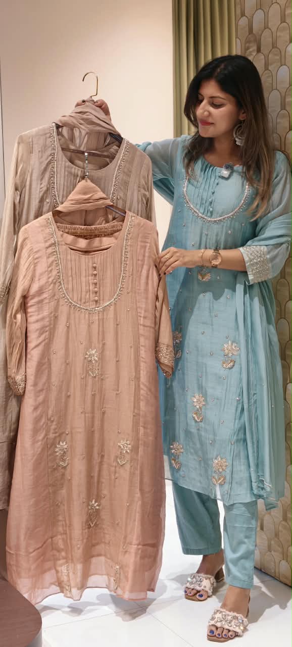 English Color Palette Suttle Work Beautiful A-Line Mul-Chanderi Full Suit Set With Dupatta-16220