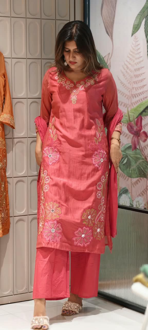 Intricate Embroidered Elegance Surat Mul-Chanderi Straight Full Suit Set With Dupatta- 16085