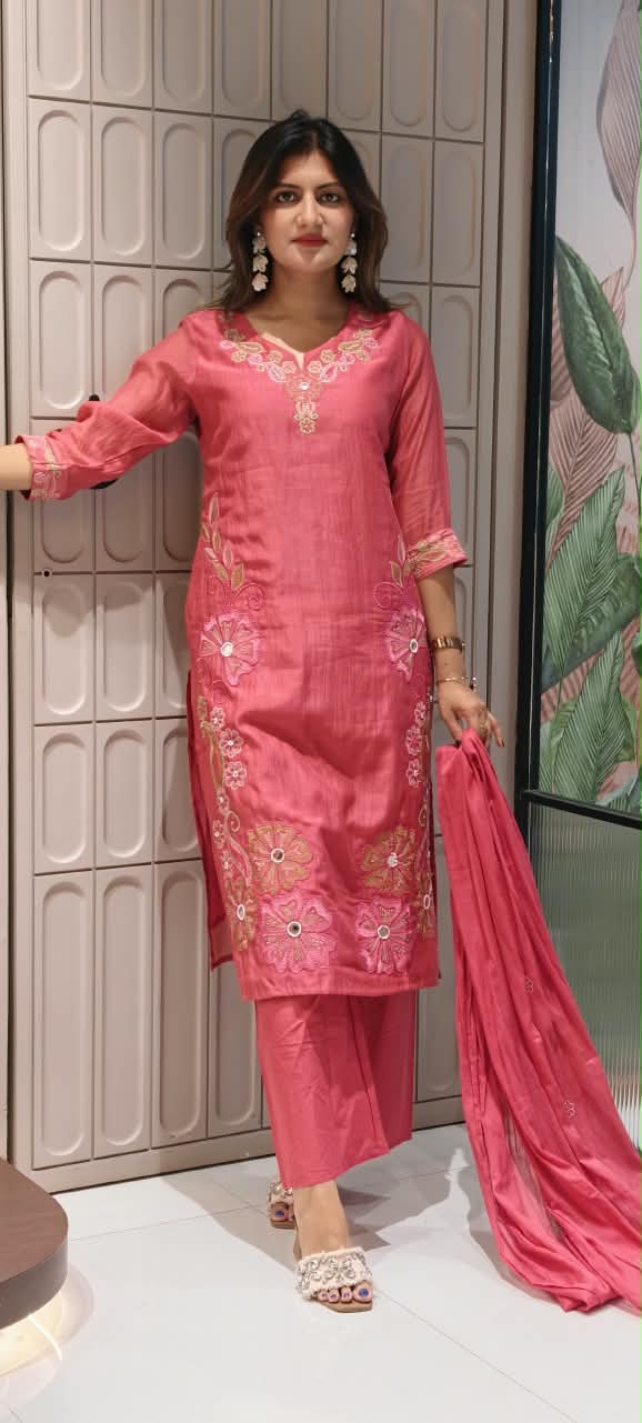 Intricate Embroidered Elegance Surat Mul-Chanderi Straight Full Suit Set With Dupatta- 16085