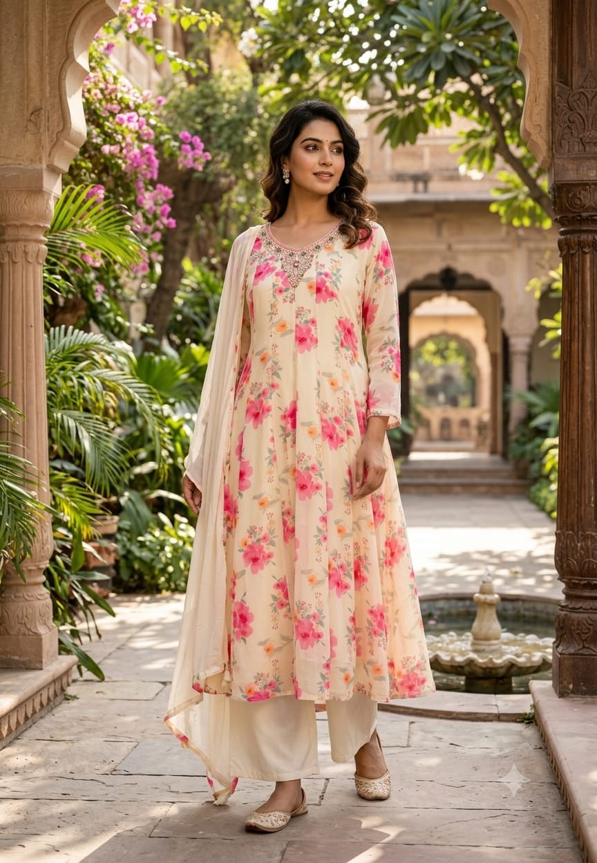 Spring Floral Minimal Embroidered Neckline Chinon Panel Anarkali Full Suit Set With Dupatta- 16224