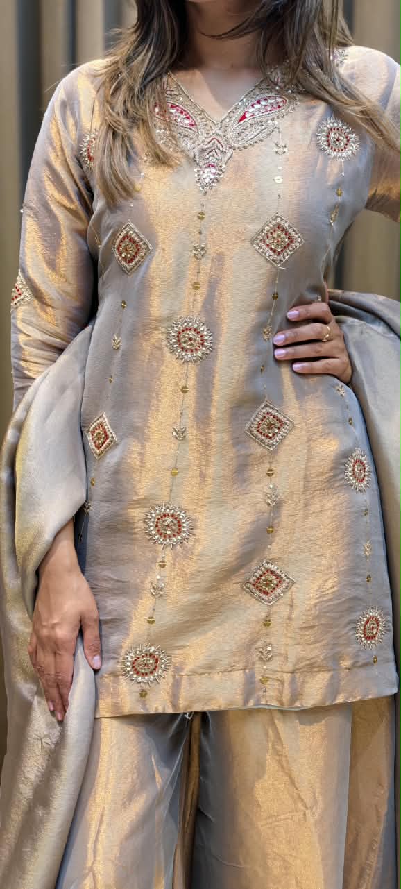 Antique Color Pallete Metallic Embroidery Short Length Kurti With Flared Palazzo Bottom & Matching Dupatta- 15864