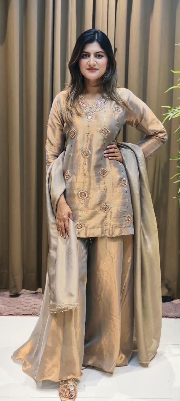 Antique Color Pallete Metallic Embroidery Short Length Kurti With Flared Palazzo Bottom & Matching Dupatta- 15864