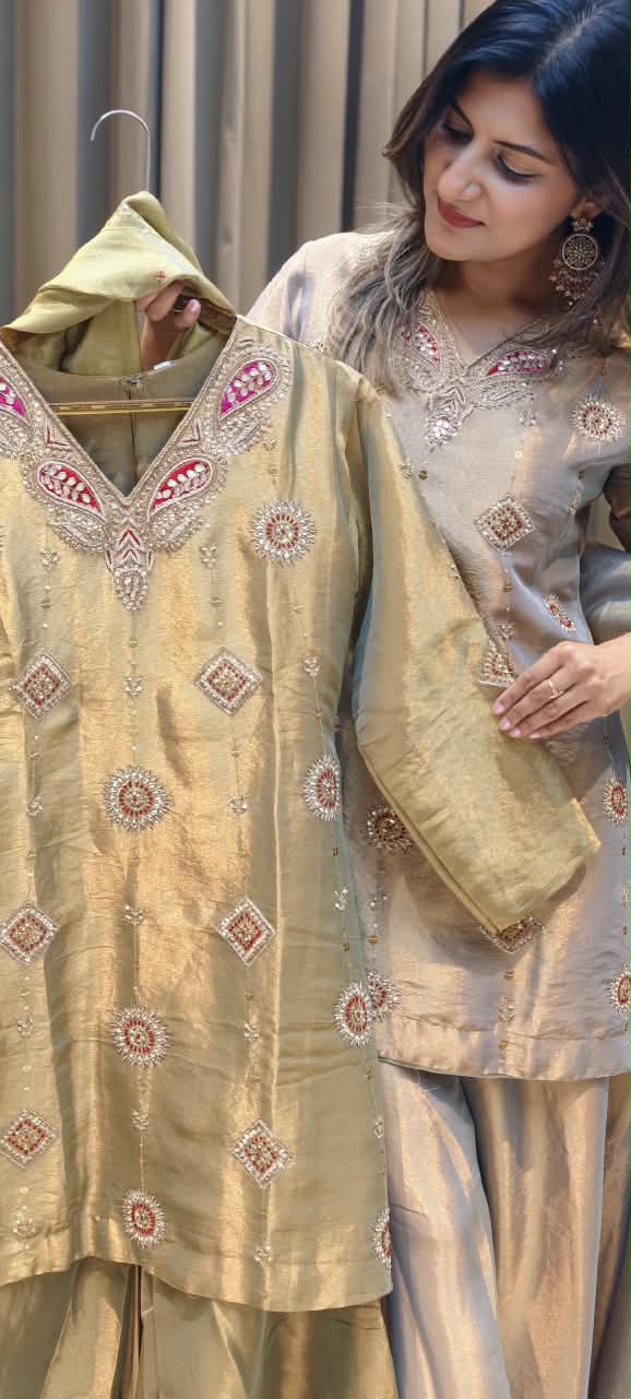 Antique Color Pallete Metallic Embroidery Short Length Kurti With Flared Palazzo Bottom & Matching Dupatta- 15864