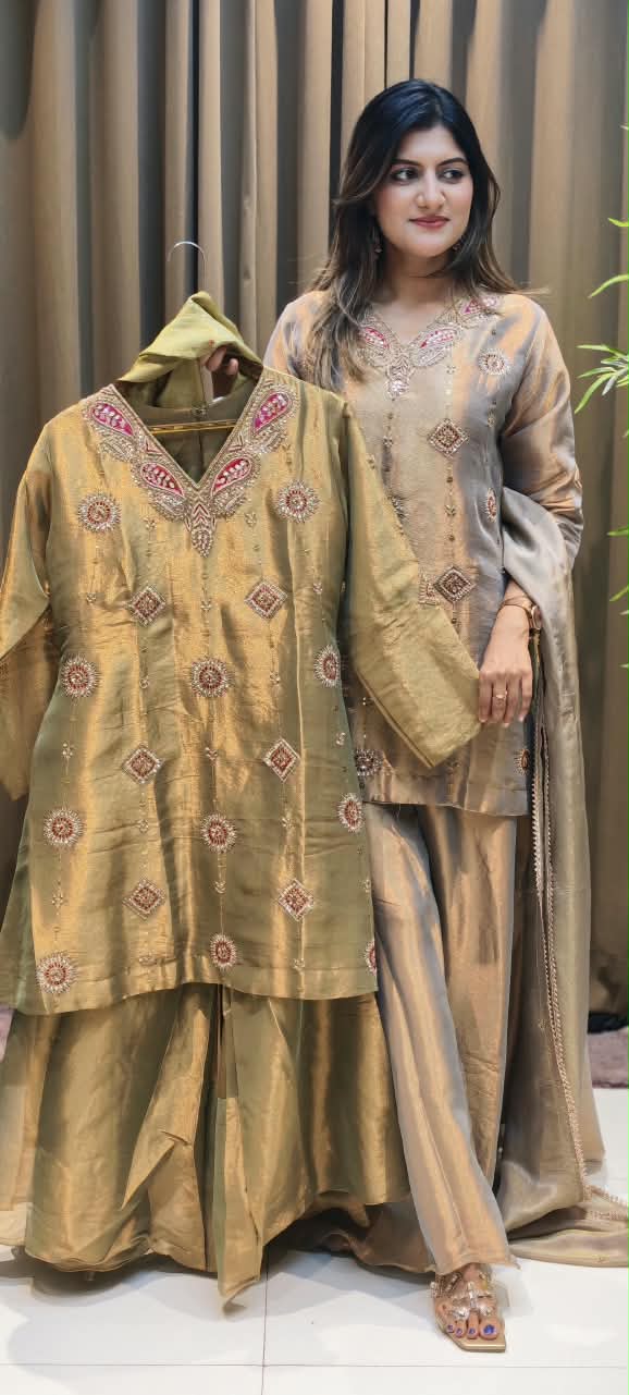 Antique Color Pallete Metallic Embroidery Short Length Kurti With Flared Palazzo Bottom & Matching Dupatta- 15864
