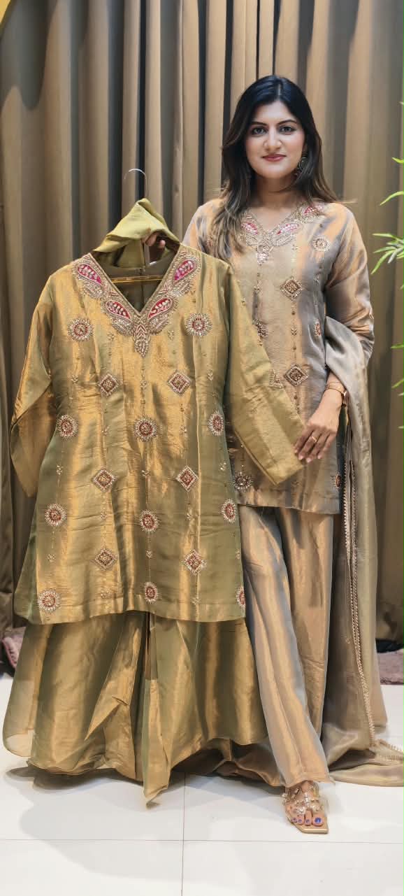 Antique Color Pallete Metallic Embroidery Short Length Kurti With Flared Palazzo Bottom & Matching Dupatta- 15864