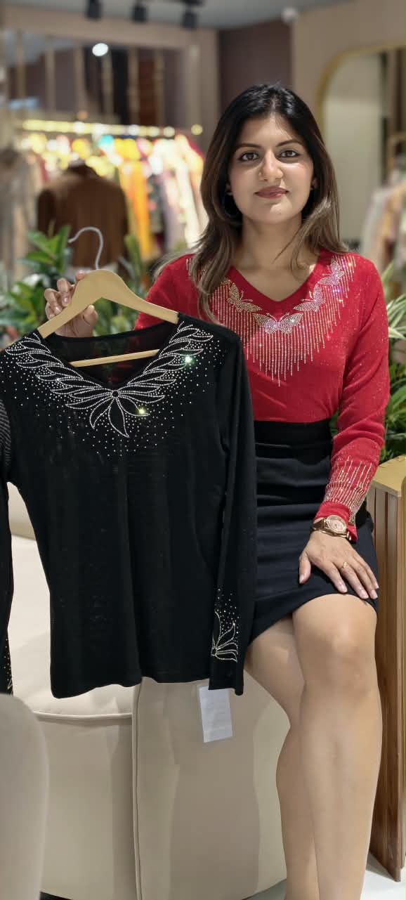 Iridescent Wing Rhinestone Pattern V-Neck Long Sleeve Knit Top- 16198