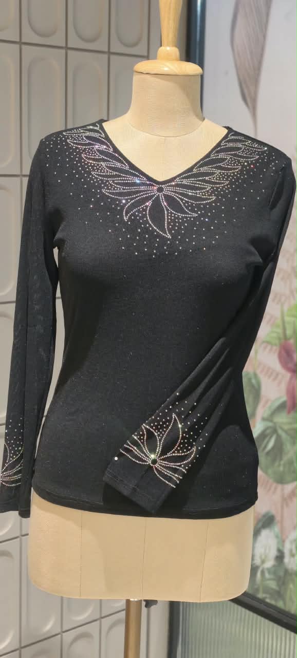 Iridescent Wing Rhinestone Pattern V-Neck Long Sleeve Knit Top- 16198