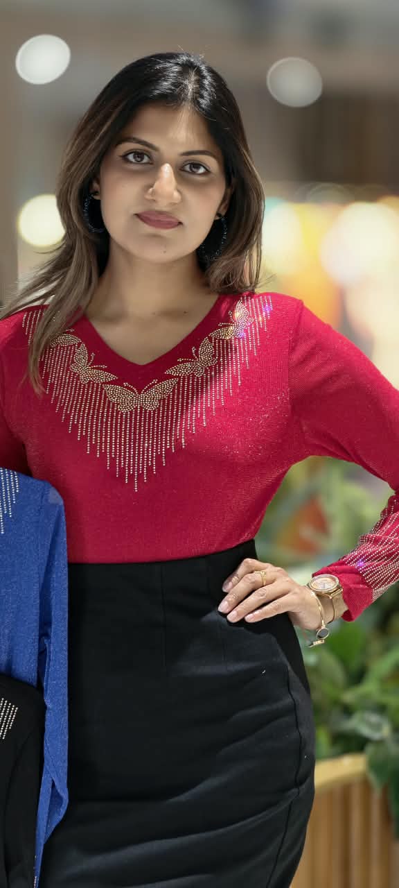 Flying Butterfly Rhinestone Fringe V-Neck Shimmer Top- 16198