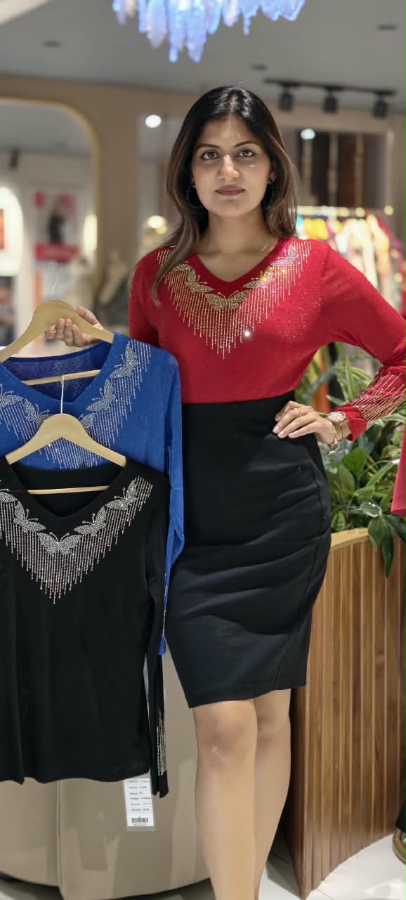 Flying Butterfly Rhinestone Fringe V-Neck Shimmer Top- 16198