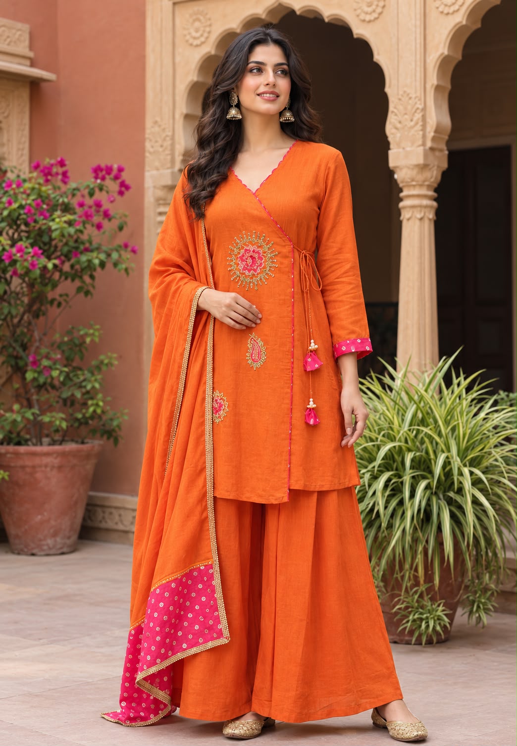 Sun Mango Buti Crafted Embroidery Angrakha Ghoomar Side Knotted A-Line Banarasi Chinon Full Suit Set With Dupatta- 16071