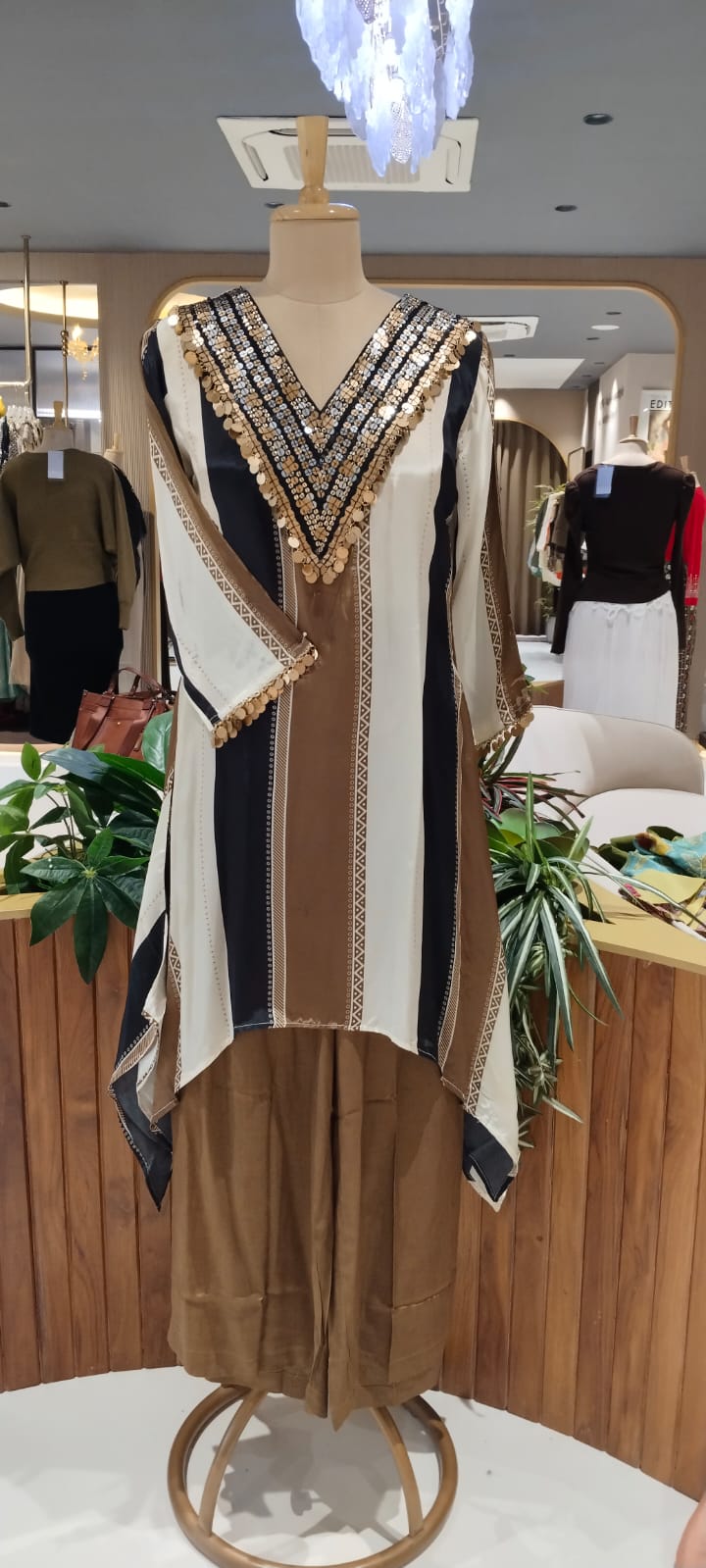 Stunning Sequin With Foil Elegance Striped Stylish Crepe High-Low Co-Ord Set- 16273