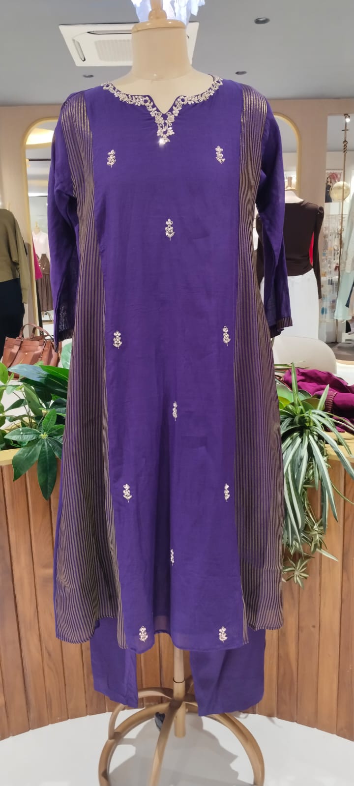 Intricate Beaded Embroidery Striped Side Panels A-Line Mul-Chanderi Full Suit Set With Dupatta- 16265