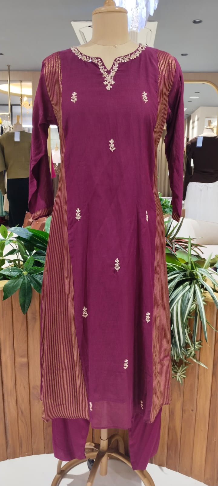 Intricate Beaded Embroidery Striped Side Panels A-Line Mul-Chanderi Full Suit Set With Dupatta- 16265