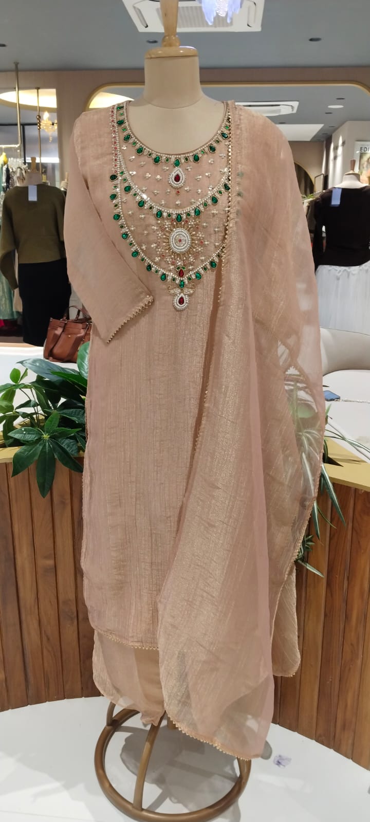 Elegant Green Gym Stone Jewel Yoke Crush Tissue Straight Full Suit Set With Dupatta- 15286