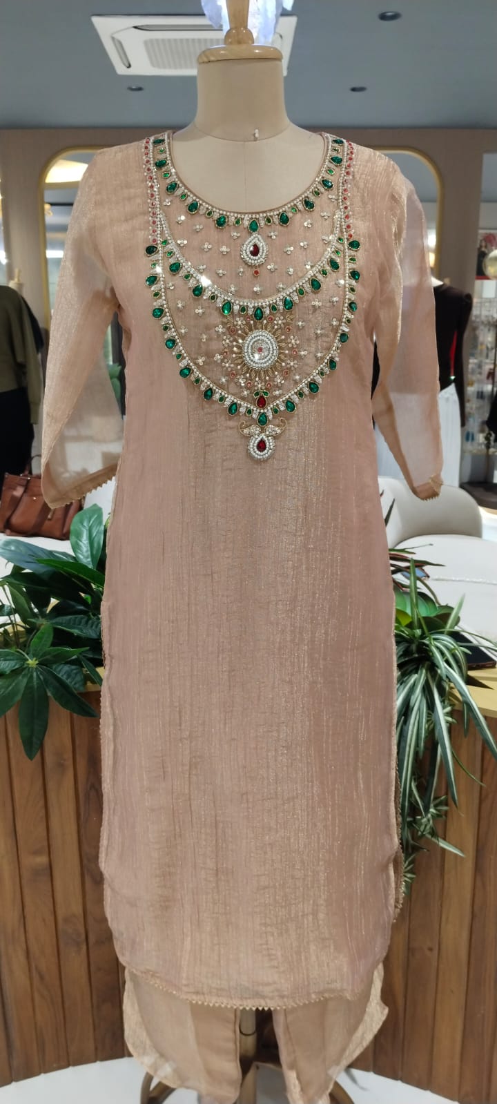 Elegant Green Gym Stone Jewel Yoke Crush Tissue Straight Full Suit Set With Dupatta- 15286