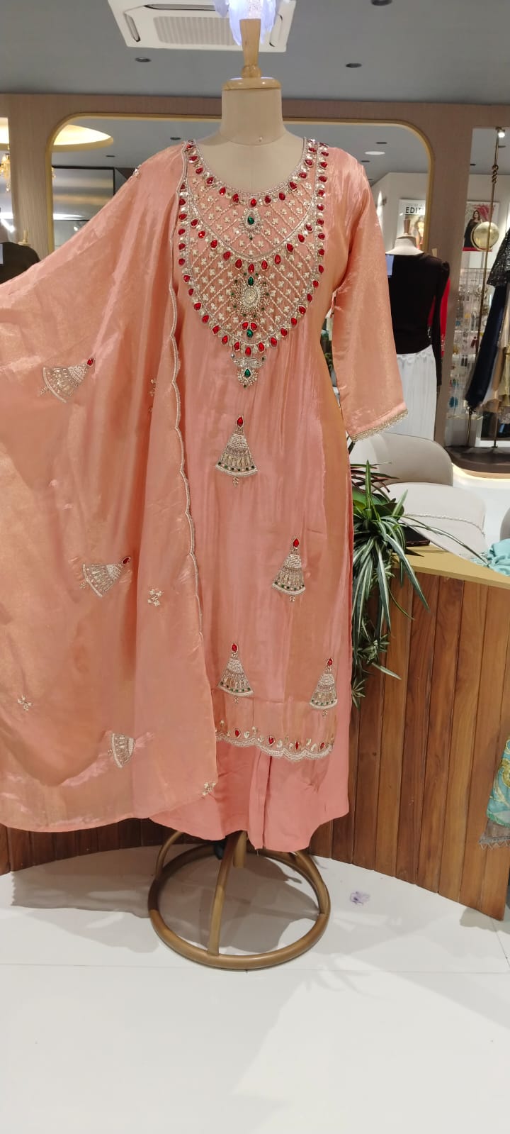 Red Gym Stone Jewel Elegance Elegant Handwork Tissue Full Suit Set With Loose Bottom & Dupatta- 16269