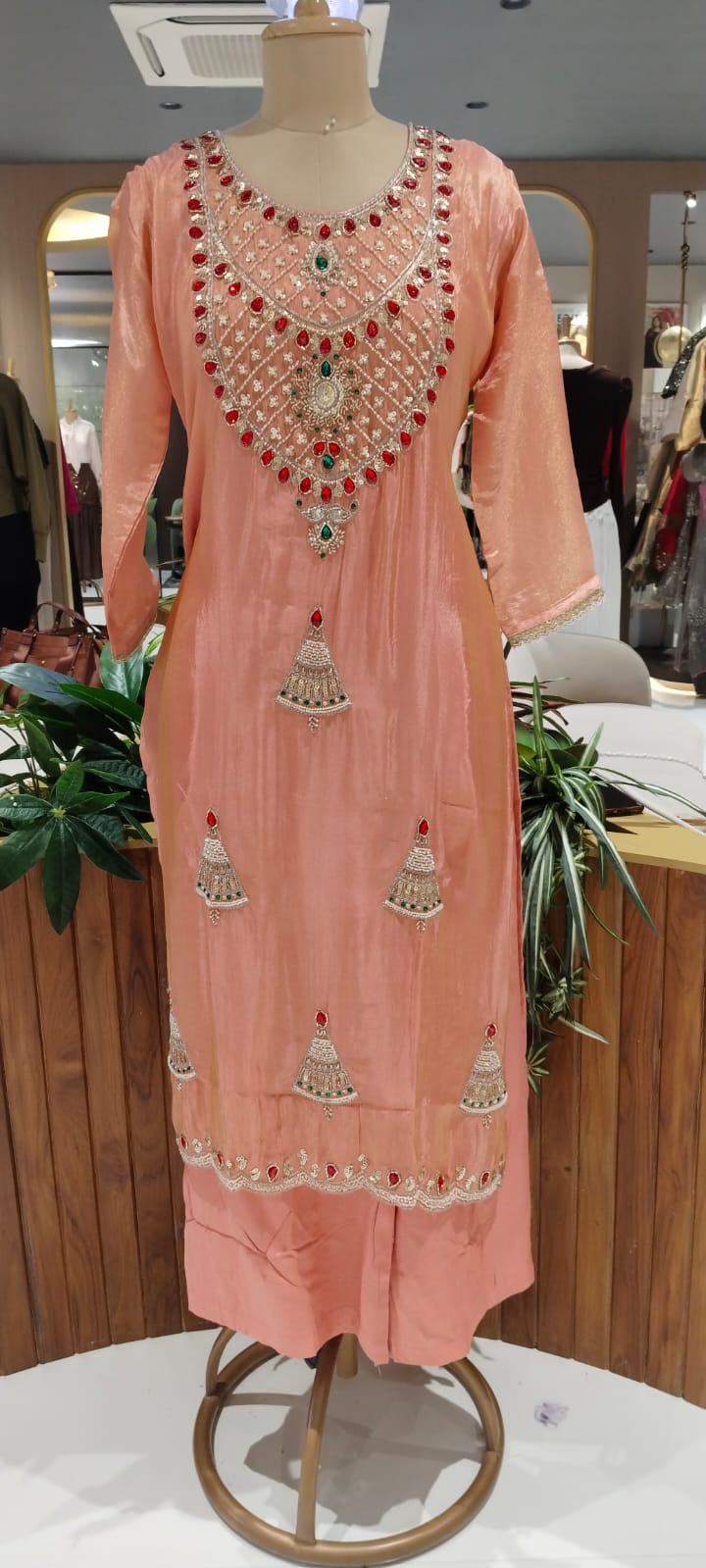 Red Gym Stone Jewel Elegance Elegant Handwork Tissue Full Suit Set With Loose Bottom & Dupatta- 16269