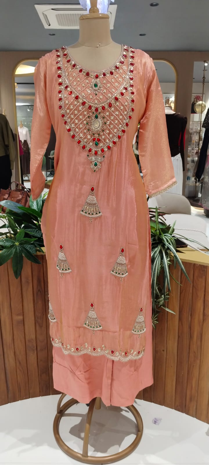 Red Gym Stone Jewel Elegance Elegant Handwork Tissue Full Suit Set With Loose Bottom & Dupatta- 16269
