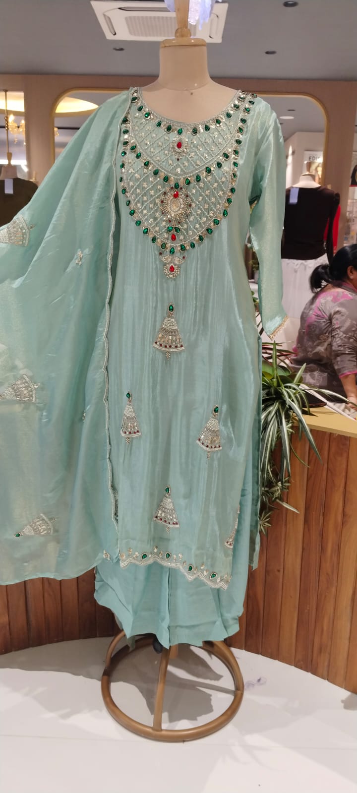 Red Gym Stone Jewel Elegance Elegant Handwork Tissue Full Suit Set With Loose Bottom & Dupatta- 16269