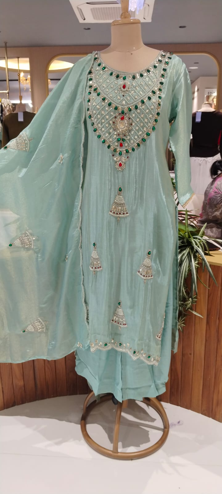 Red Gym Stone Jewel Elegance Elegant Handwork Tissue Full Suit Set With Loose Bottom & Dupatta- 16269