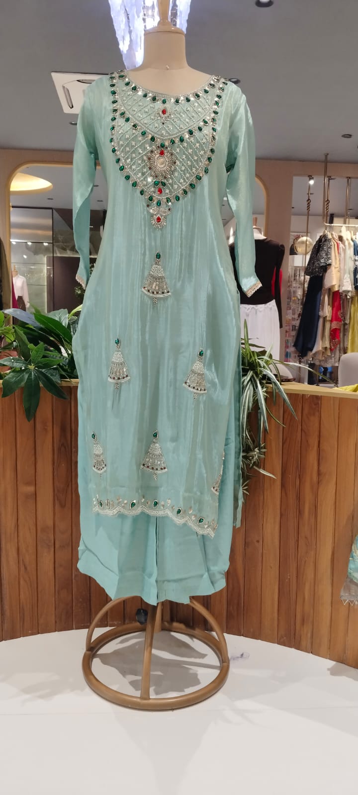 Red Gym Stone Jewel Elegance Elegant Handwork Tissue Full Suit Set With Loose Bottom & Dupatta- 16269