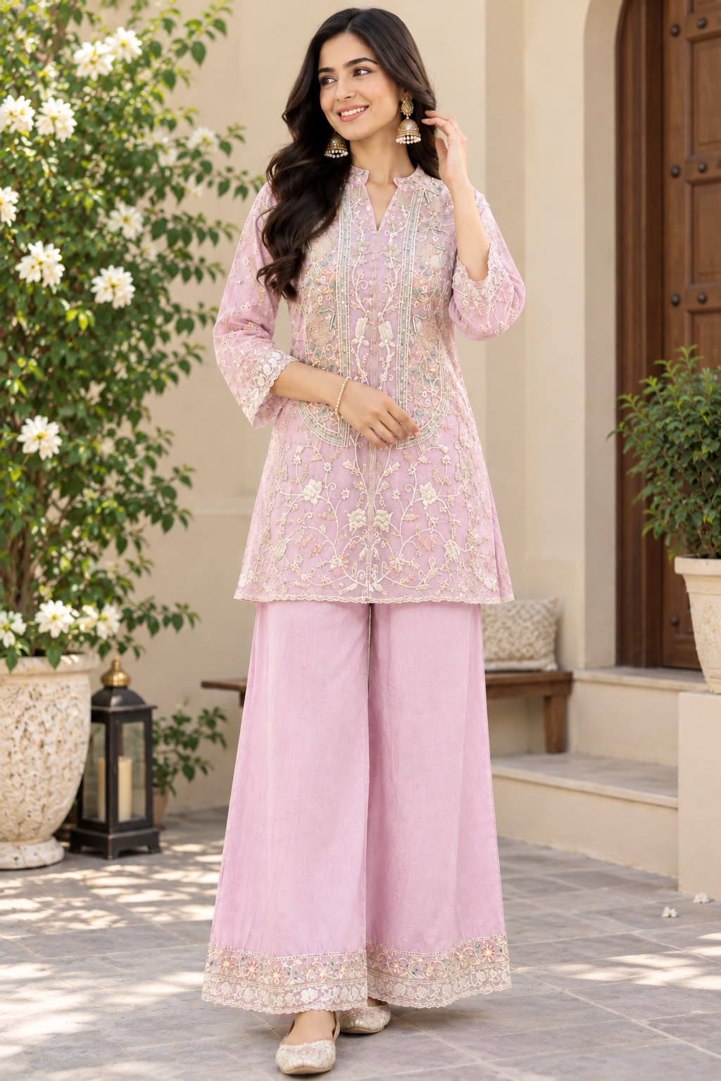 Fine Intricate Elegant Detailed Embroidery Pastel Co-Ord Set- 16044