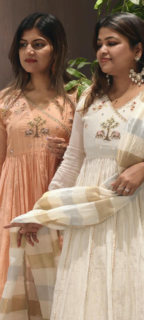 Banarasi Mul-Chanderi Tree Of Life Angrakha Embroidered Joint Anarkali Full Suit Set With Dupatta-16282