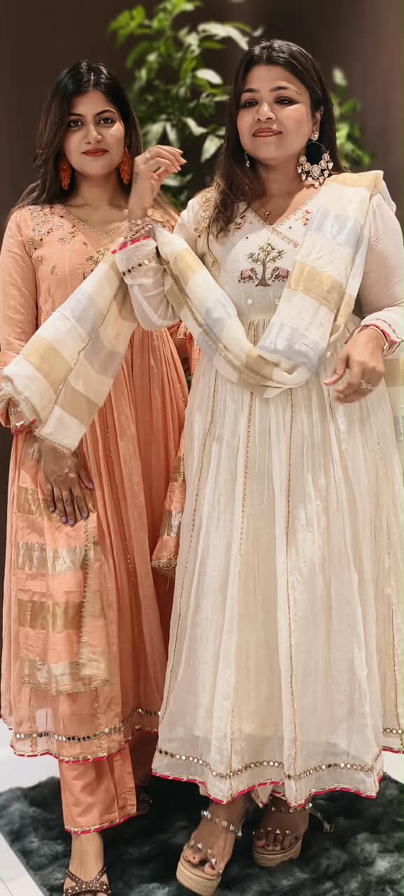 Banarasi Mul-Chanderi Tree Of Life Angrakha Embroidered Joint Anarkali Full Suit Set With Dupatta-16282