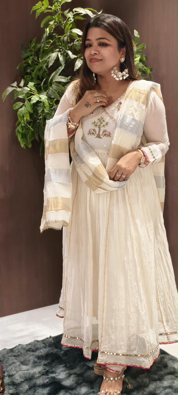 Banarasi Mul-Chanderi Tree Of Life Angrakha Embroidered Joint Anarkali Full Suit Set With Dupatta-16282