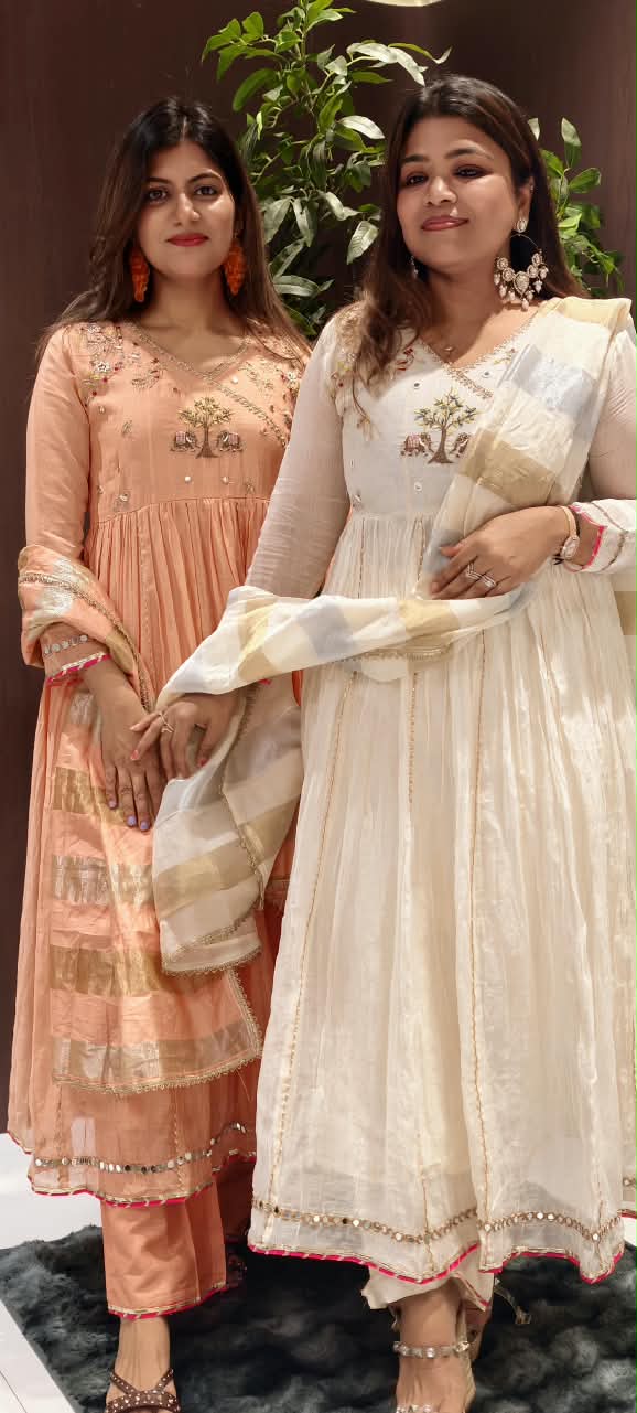 Banarasi Mul-Chanderi Tree Of Life Angrakha Embroidered Joint Anarkali Full Suit Set With Dupatta-16282
