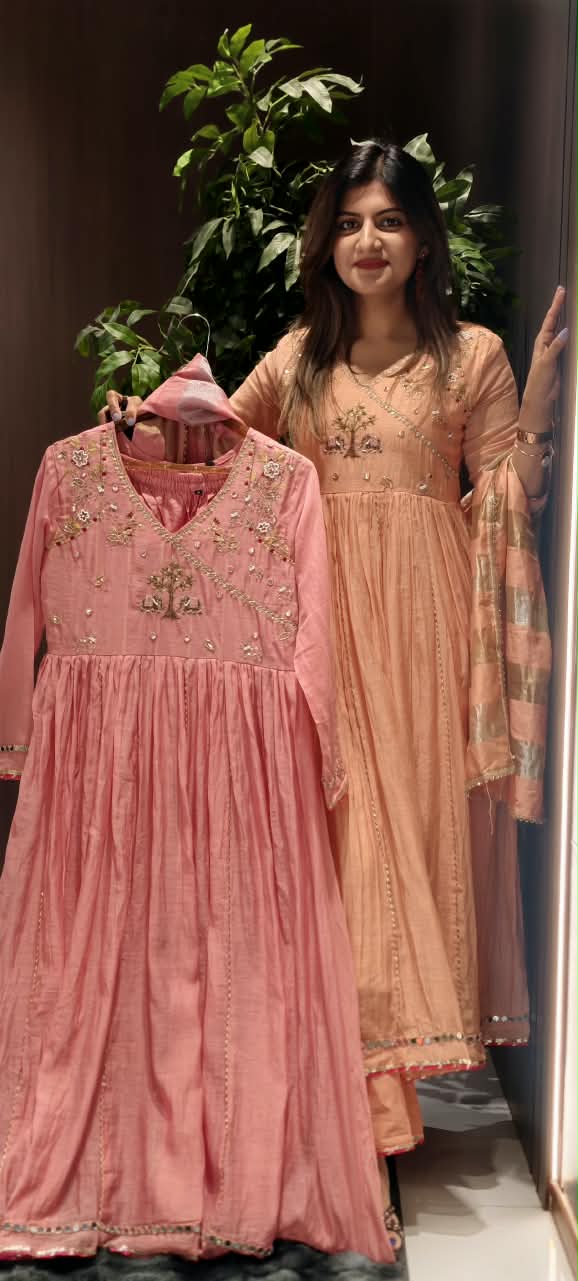 Banarasi Mul-Chanderi Tree Of Life Angrakha Embroidered Joint Anarkali Full Suit Set With Dupatta-16282