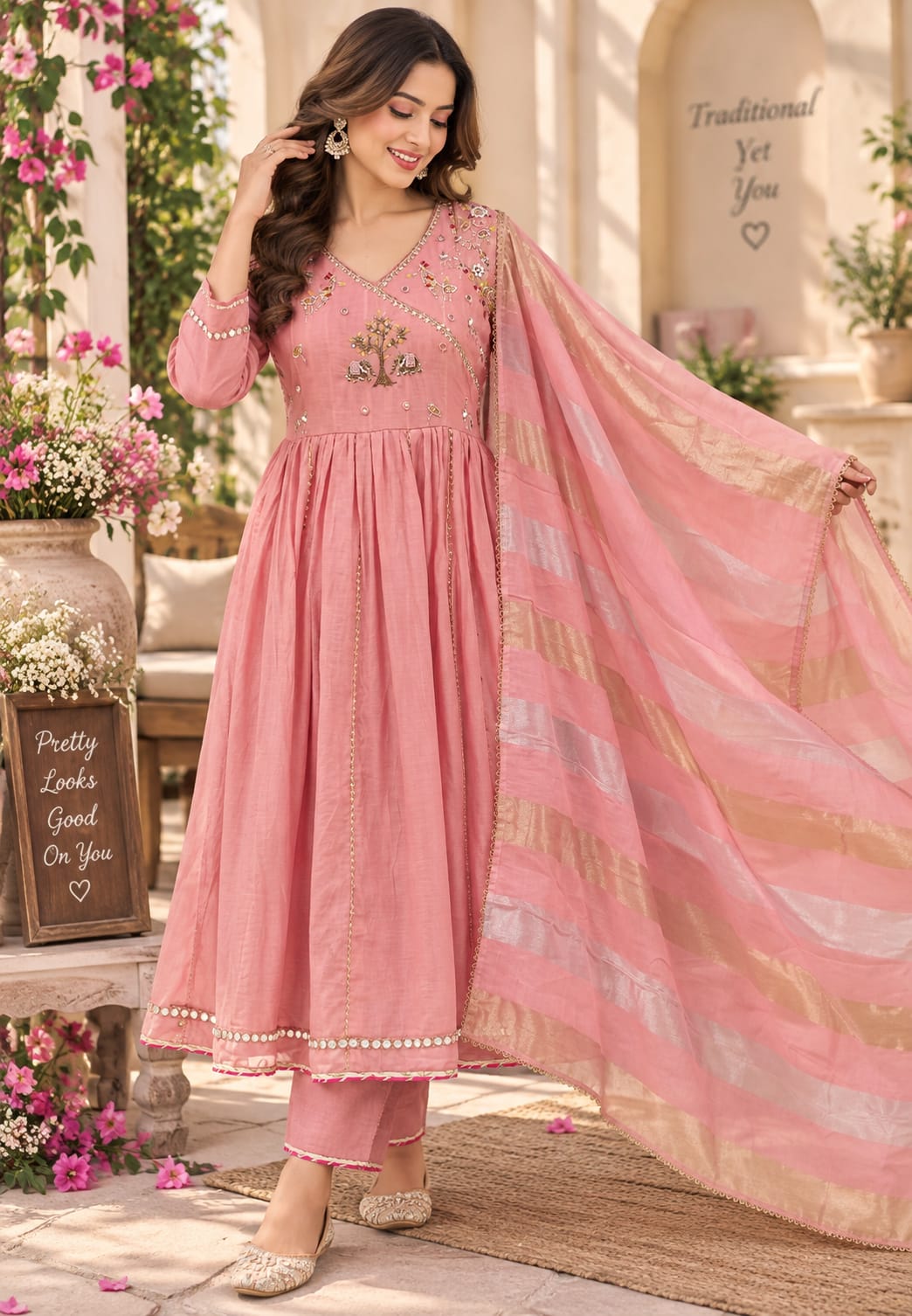 Banarasi Mul-Chanderi Tree Of Life Angrakha Embroidered Joint Anarkali Full Suit Set With Dupatta-16282