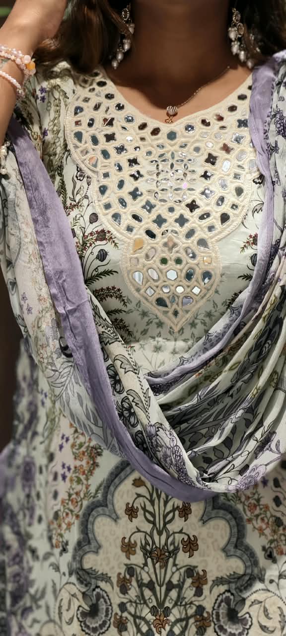 Real Mirror Elegance Flowy Crepe Digital Floral Prints Farshi Salwar Full Suit Set With Chiffon Dupatta- 16285