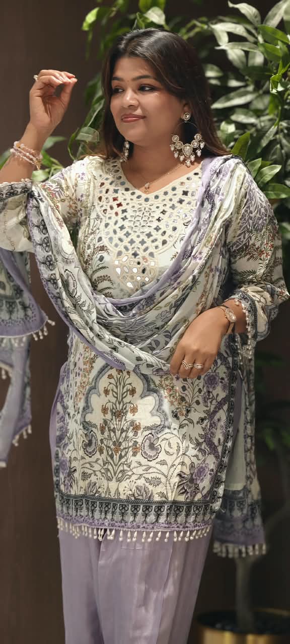 Real Mirror Elegance Flowy Crepe Digital Floral Prints Farshi Salwar Full Suit Set With Chiffon Dupatta- 16285