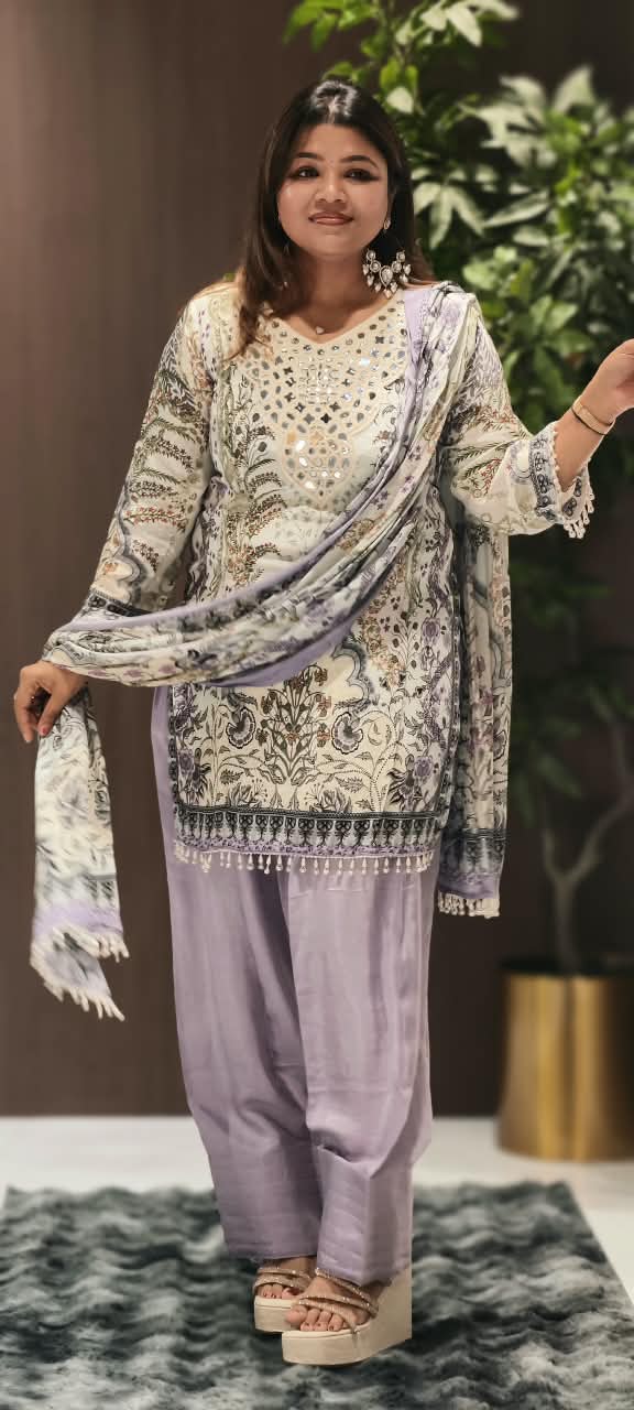Real Mirror Elegance Flowy Crepe Digital Floral Prints Farshi Salwar Full Suit Set With Chiffon Dupatta- 16285