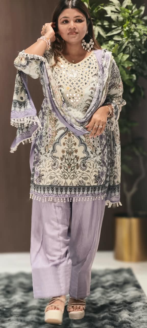 Real Mirror Elegance Flowy Crepe Digital Floral Prints Farshi Salwar Full Suit Set With Chiffon Dupatta- 16285