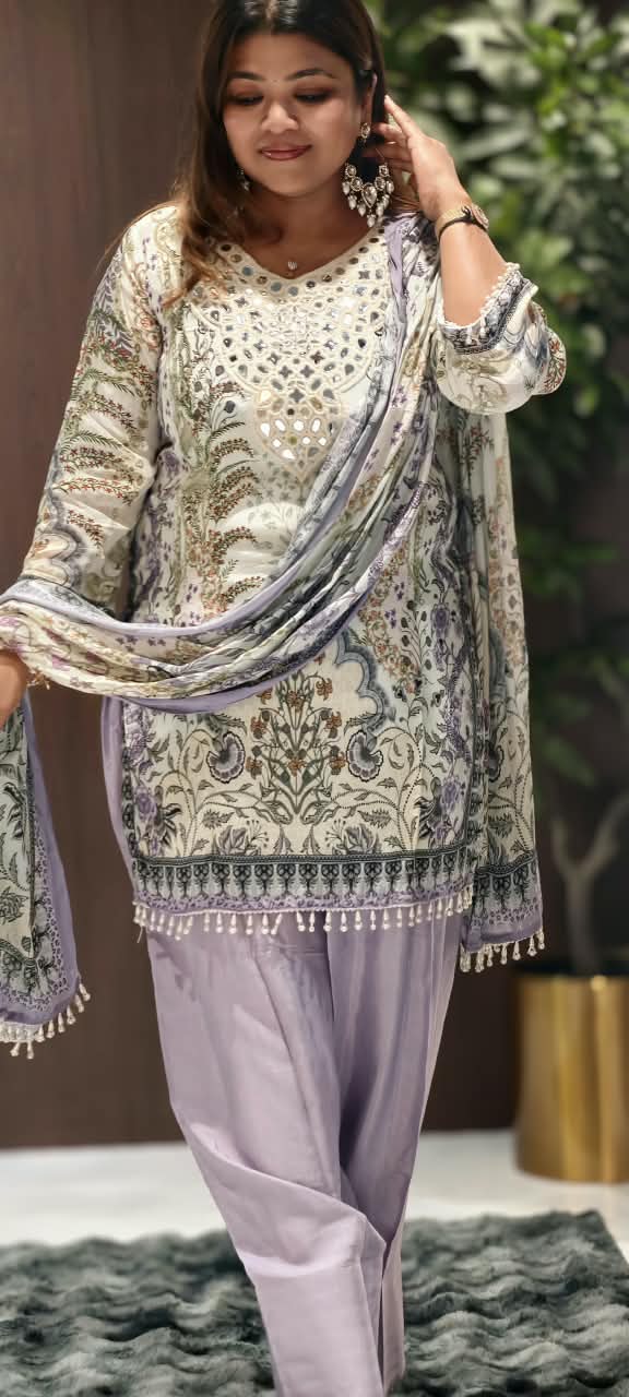 Real Mirror Elegance Flowy Crepe Digital Floral Prints Farshi Salwar Full Suit Set With Chiffon Dupatta- 16285