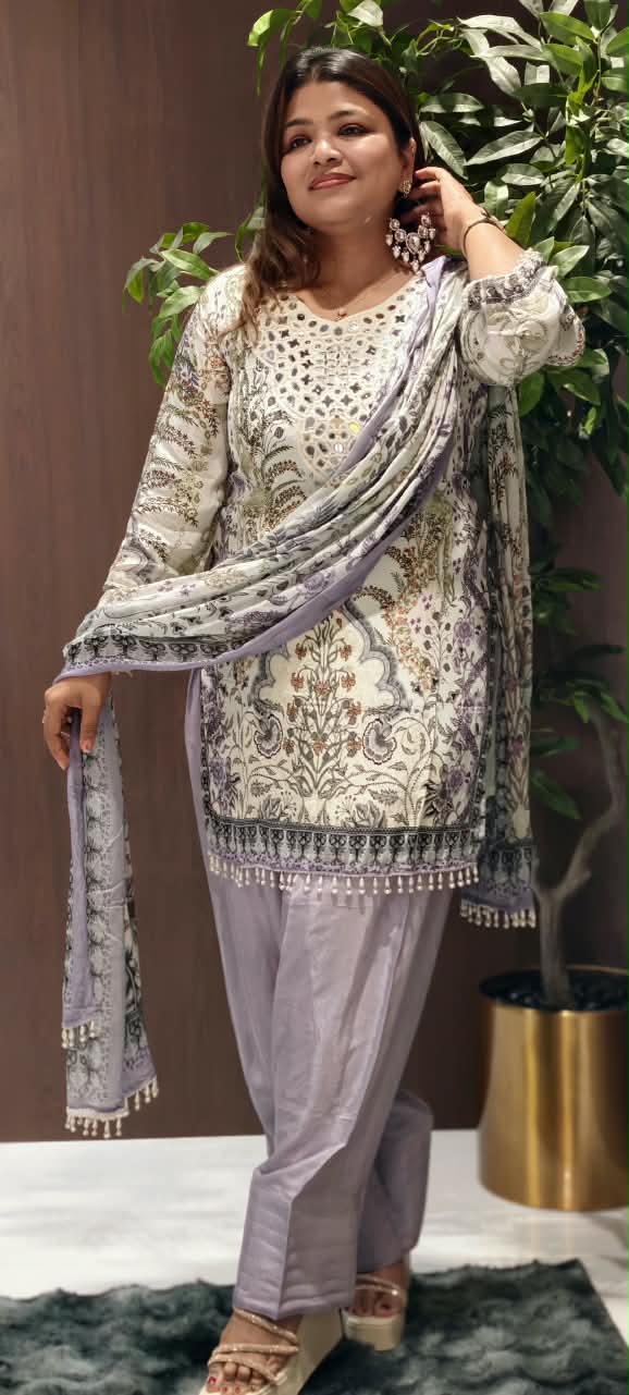 Real Mirror Elegance Flowy Crepe Digital Floral Prints Farshi Salwar Full Suit Set With Chiffon Dupatta- 16285