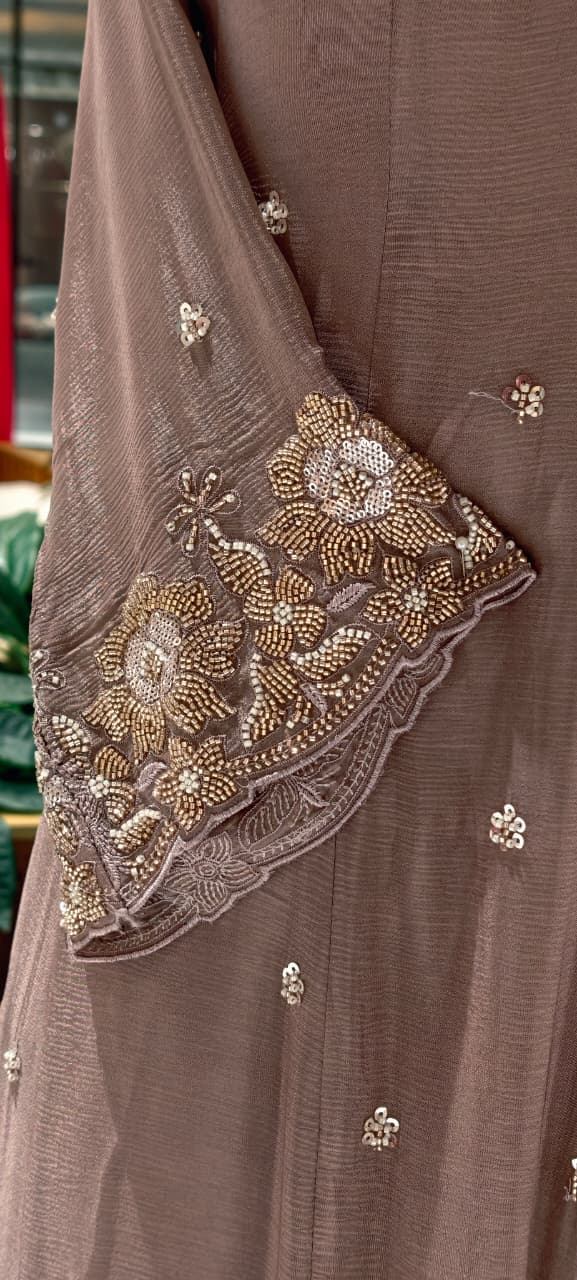 Heavy Chinon Cut-Dana Hand Embroidered Flared Anarkali Full Suit Set With Statement Dupatta- 15240