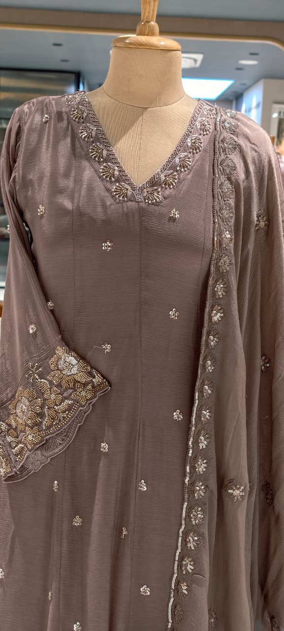 Heavy Chinon Cut-Dana Hand Embroidered Flared Anarkali Full Suit Set With Statement Dupatta- 15240