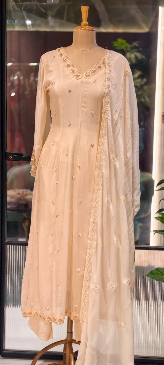 Heavy Chinon Cut-Dana Hand Embroidered Flared Anarkali Full Suit Set With Statement Dupatta- 15240