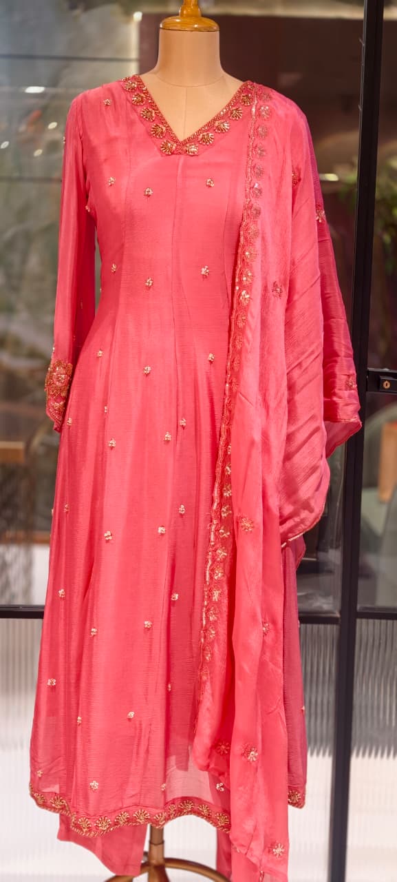 Heavy Chinon Cut-Dana Hand Embroidered Flared Anarkali Full Suit Set With Statement Dupatta- 15240