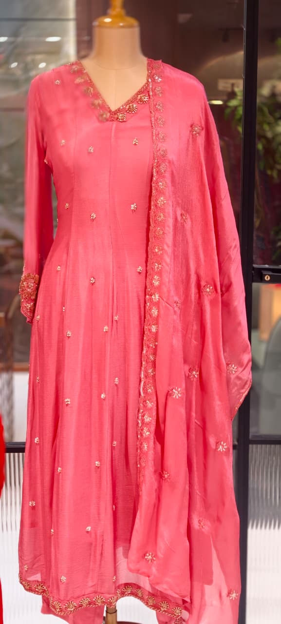 Heavy Chinon Cut-Dana Hand Embroidered Flared Anarkali Full Suit Set With Statement Dupatta- 15240
