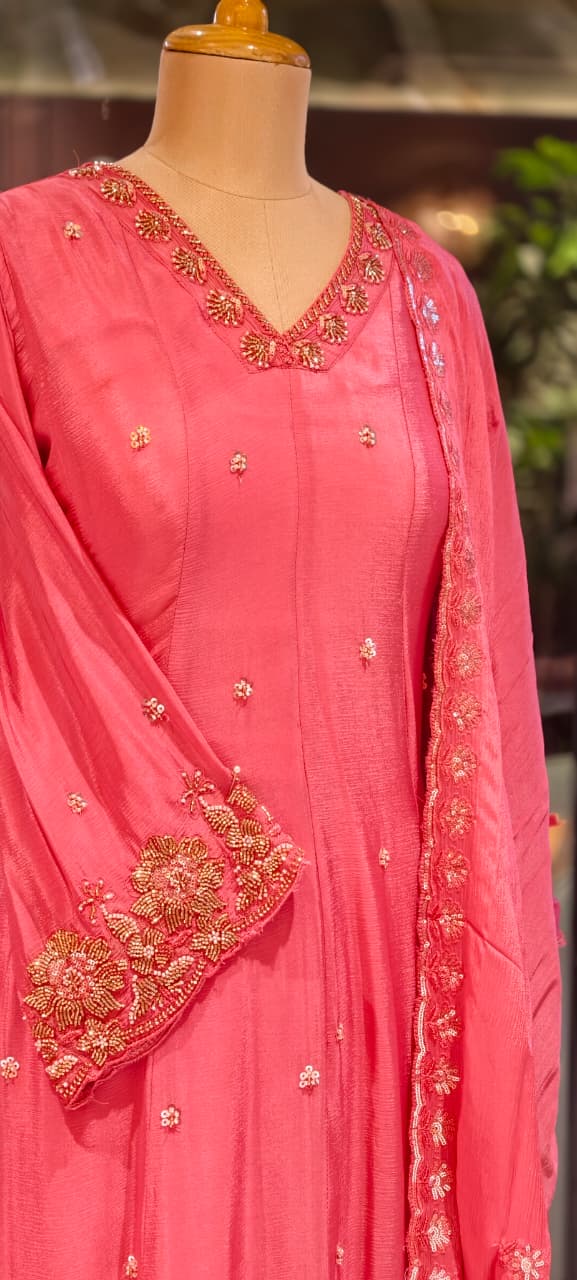 Heavy Chinon Cut-Dana Hand Embroidered Flared Anarkali Full Suit Set With Statement Dupatta- 15240