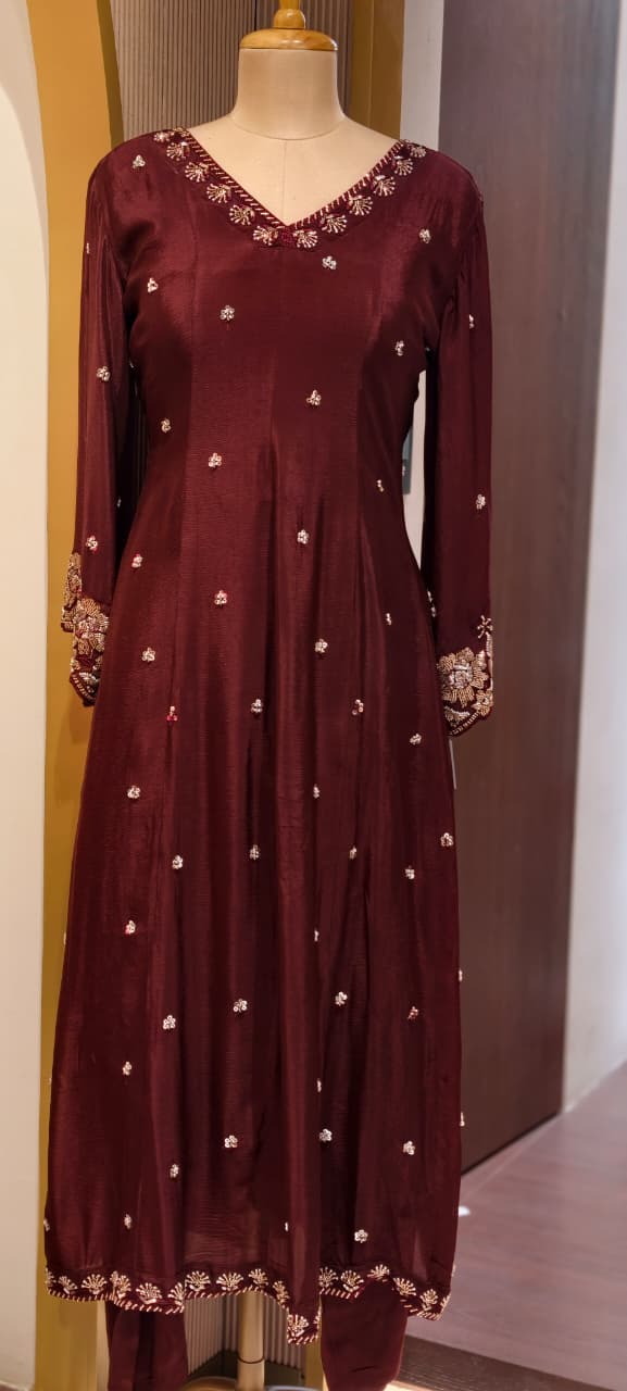Heavy Chinon Cut-Dana Hand Embroidered Flared Anarkali Full Suit Set With Statement Dupatta- 15240