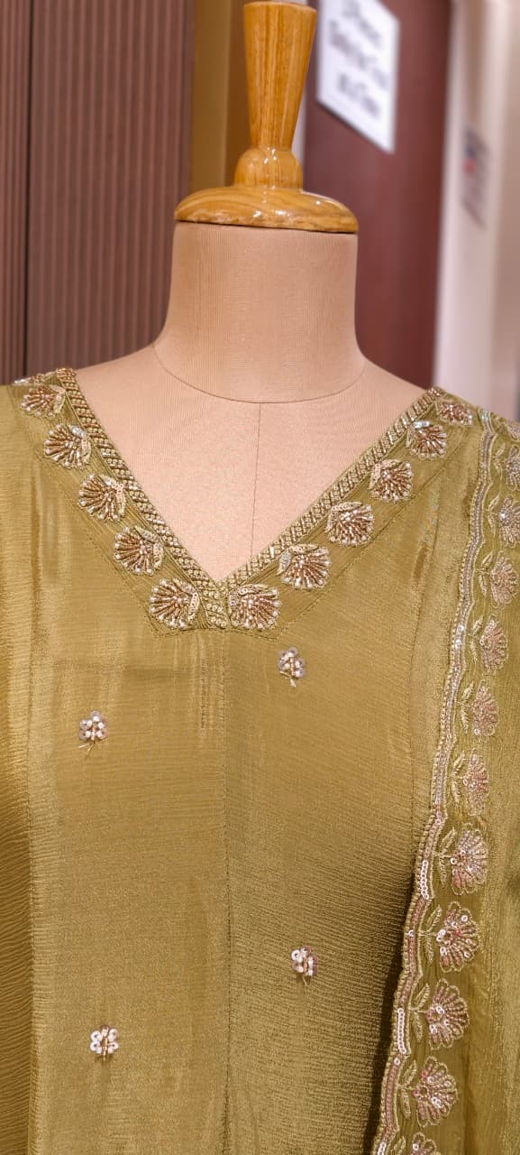 Heavy Chinon Cut-Dana Hand Embroidered Flared Anarkali Full Suit Set With Statement Dupatta- 15240