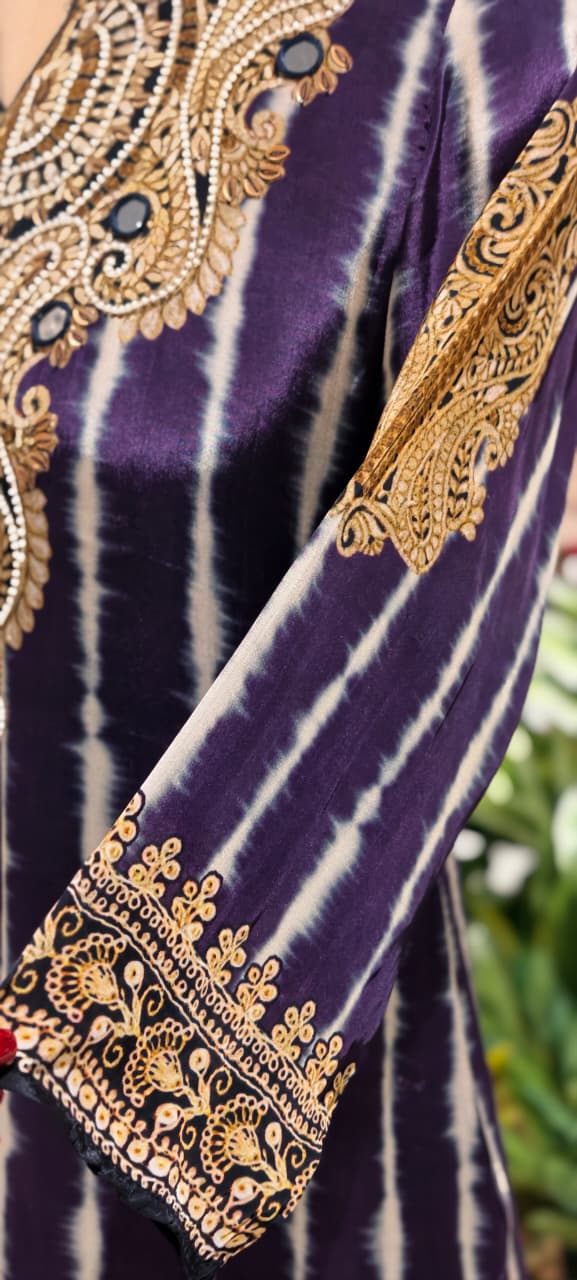 Jaipuri Inspired Pearl Real Mirror Embroidery Tassel Accent Crepe Kurta With Farsi Bottom & Dupatta- 15312