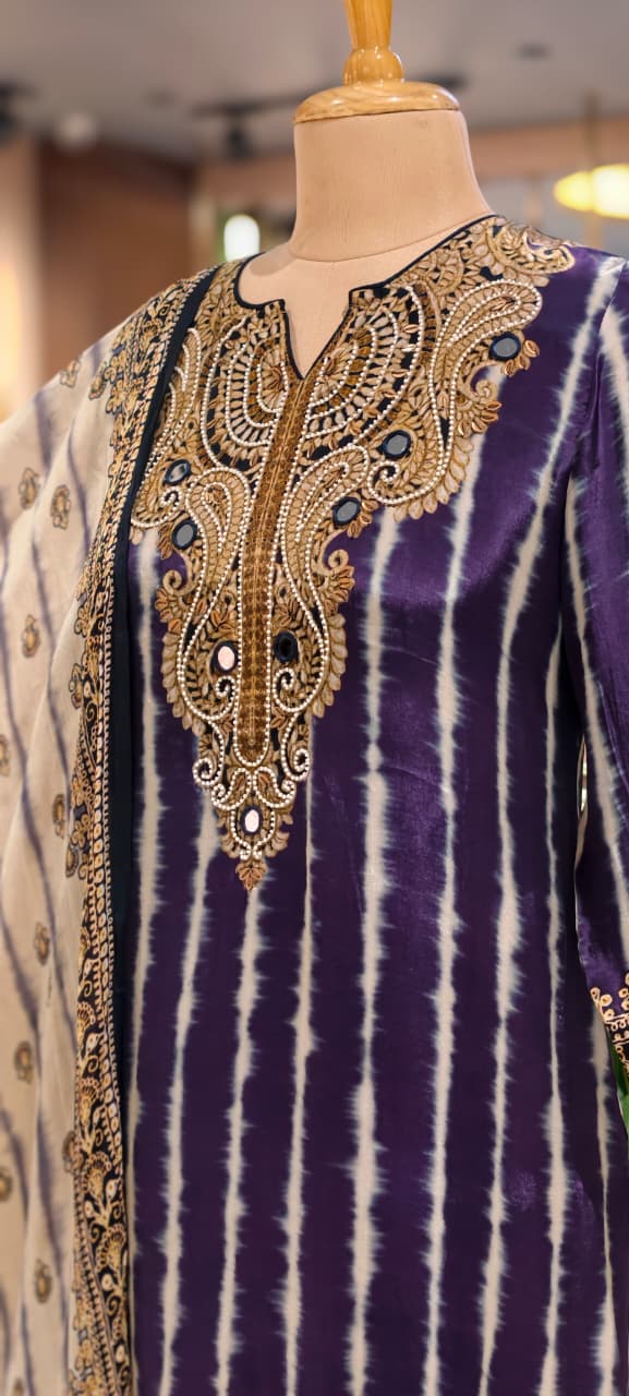 Jaipuri Inspired Pearl Real Mirror Embroidery Tassel Accent Crepe Kurta With Farsi Bottom & Dupatta- 15312